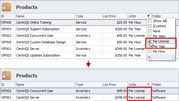 sales crm product filtering